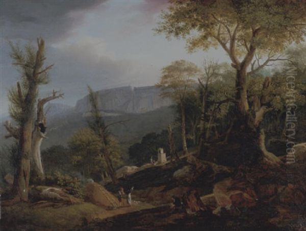 An Extensive Mountainous Landscape With An Artist Sketching On A Hillside With Charcoal Burners And Travellers At A Shrine Beyond - view 1