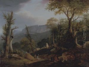 An Extensive Mountainous Landscape With An Artist Sketching On A Hillside With Charcoal Burners And Travellers At A Shrine Beyond by Polydore Roux
