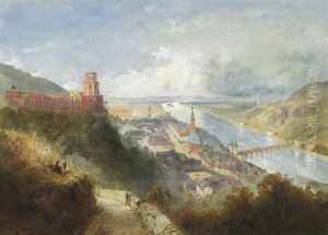 Heidelberg. Blick Vom Nordhang Des Konigstuhls Auf Die Schlosruine Und Die Stadt Am Neckar Mit Heiliggeistkirche Und Der Alten Brucke by Thomas Charles Leeson Rowbotham