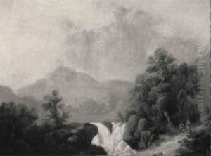 Figures On A Path Beside A Waterfall Figures On A Path Beside A Waterfall
