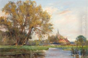 Englische Flusslandschaft Mit Dorfkirche by Sidney Grant Rowe