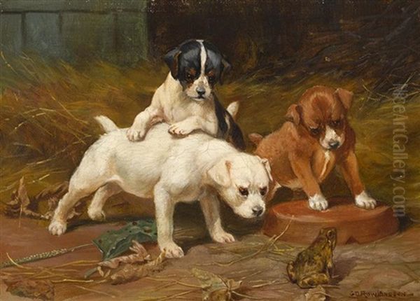 Puppies Examining A Frog And Puppies Tearing A Letter (a Pair - view 1