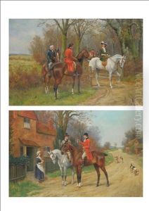 Figures On Horseback Beside A Wood With A Stirrup Cup; Figures On Horseback With Foxhounds Nearby (pair) by George Derville Rowlandson