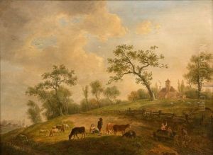 Paysage De Campagne Avec Villageois Et Leurs Animaux Sur La Colline by Jean-Baptiste De Roy