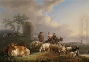 Hirten Und Herde Vor Weiter Seelandschaft by Jean-Baptiste De Roy