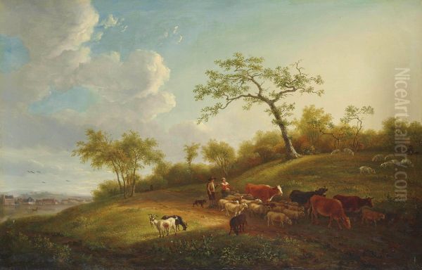 A Landscape With Drovers And Their Herd On A Track, A Village Beyond - view 1