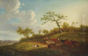 A Landscape With Drovers And Their Herd On A Track, A Village Beyond by Jean-Baptiste De Roy