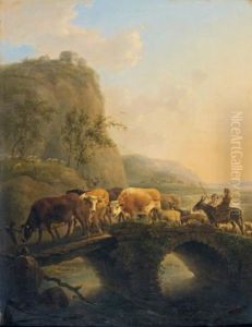 Berger Et Son Troupeau Traversant Un Pont by Jean-Baptiste De Roy