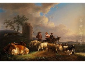 Schaferszene In Italienisierender Ideallandschaft Mit Blick Auf Die Kuste by Jean-Baptiste De Roy