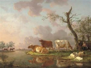 Cows And Sheep On The Banks Of A River, A Shepherdess And Boy Nearby Cows And Sheep On The Banks Of A River, A Shepherdess And Boy Nearby