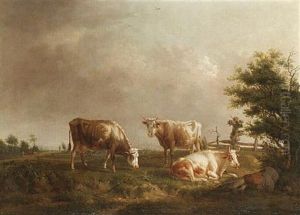 Cows Grazing, A Drover Asleep Beneath A Tree Nearby by Jean-Baptiste De Roy