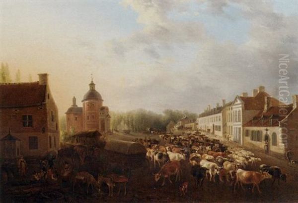 Village Landscape With Herdsmen Driving Cattle And Sheep To Market At Dawn - view 1