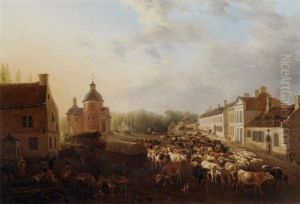 Village Landscape With Herdsmen Driving Cattle And Sheep To Market At Dawn