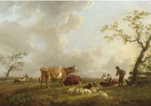 A Landscape With Shepherds By A Tree, Cattle And Sheep Nearby A Landscape With Shepherds By A Tree, Cattle And Sheep Nearby