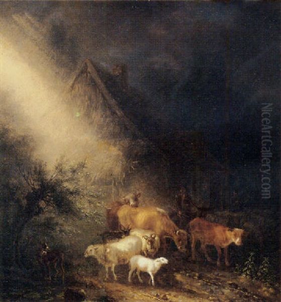 A Cowherd Fording Goats And Sheep On A Track By A Farm At Night - view 1