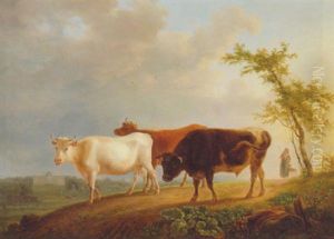 A Drover With Cattle On A Track, The Palace Of Larckeaw Beyond by Jean-Baptiste De Roy