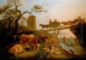 A Cowherd And Cattle Near A Waterfall, A Peasant Family On A Haycart And A Shepherd Crossing A Bridge Nearby, A Town In The Distance