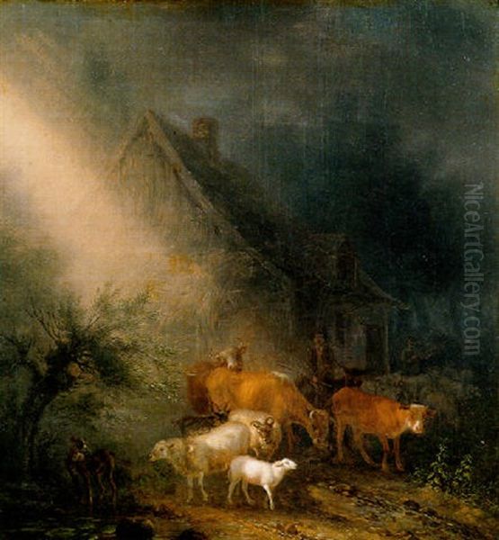 A Cowherd Fording Goats And Sheep On A Track By A Farm At Night - view 1