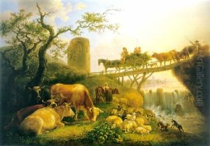 A Cowherd And Cattle Near A Waterfall, A Peasant Family On A Haycart And A Shepherd Crossing A Bridge Nearby