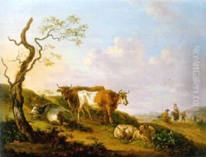 Cows And Sheep By A Broken Tree On The Verge Of A Road, A Shepherd Family Beyond