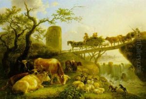 Bonder Och Boskap Vid Vattendrag Utanfor Stad by Jean-Baptiste De Roy
