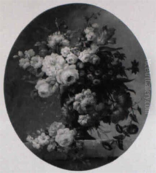 A Still Life Of Flowers In A Vase On A Ledge - view 1