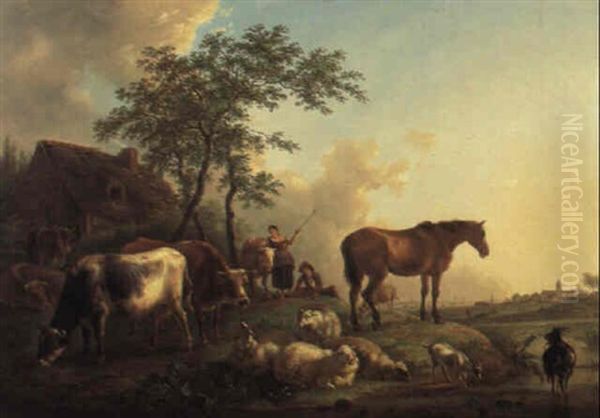 Kuhe, Schafe Und Ein Pferd Auf Einer Begrunten Anhohe - view 1
