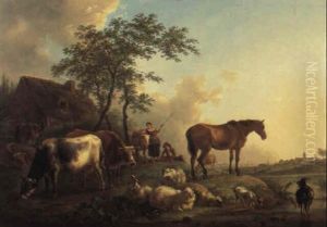 Kuhe, Schafe Und Ein Pferd Auf Einer Begrunten Anhohe Kuhe, Schafe Und Ein Pferd Auf Einer Begrunten Anhohe