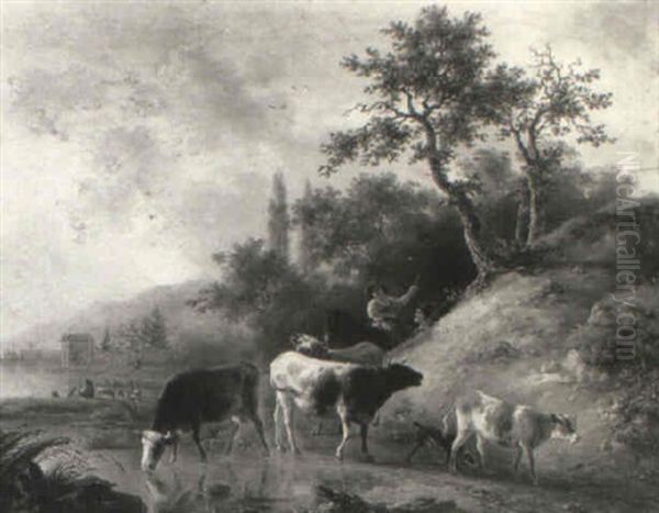 River Landscape With Drovers And Cattle On A Track At Sunset - view 1