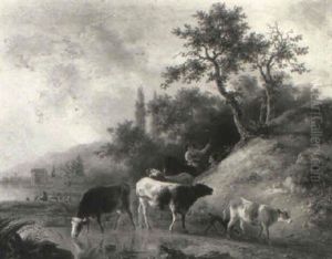 River Landscape With Drovers And Cattle On A Track At Sunset