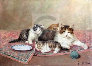 Cat And Kittens On A Rug by Joseph Anne Jules le Roy