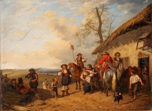 Reitergesellschaft Vor Einem Bauernhof by Joseph Anne Jules le Roy