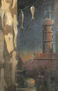 Composition Surrealiste, Avec Phare Et Poissons Suspendus by Pierre Roy