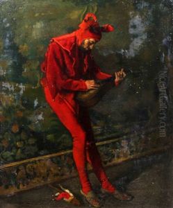 Le Fou Du Roi, Accordant Sa Mandoline, Appuye Contre Une Tapisserie Dans Un Interieur by Ferdinand Victor Leon Roybet