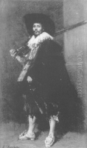 A Cavaler Dressed In Red And Black With A Sword At His Waist And A Musket On His Shoulder - view 1