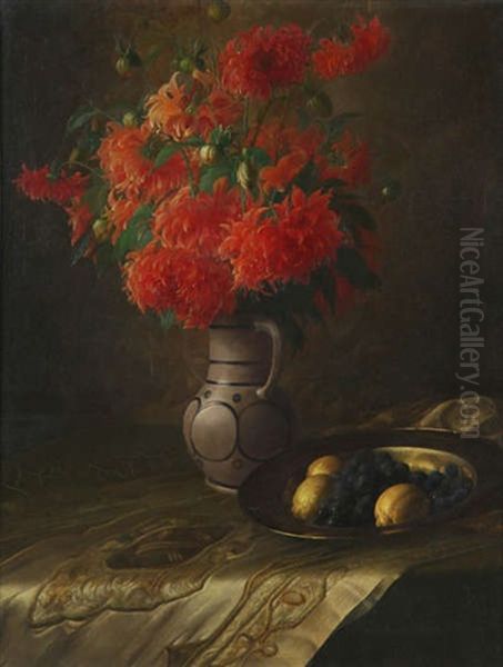 Dahlias, Plat En Cuivre Avec Citrons Et Raisins - view 1