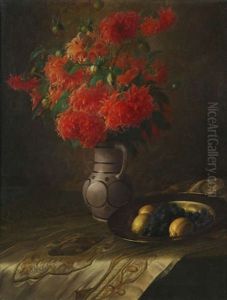 Dahlias, Plat En Cuivre Avec Citrons Et Raisins by Josef van de Roye