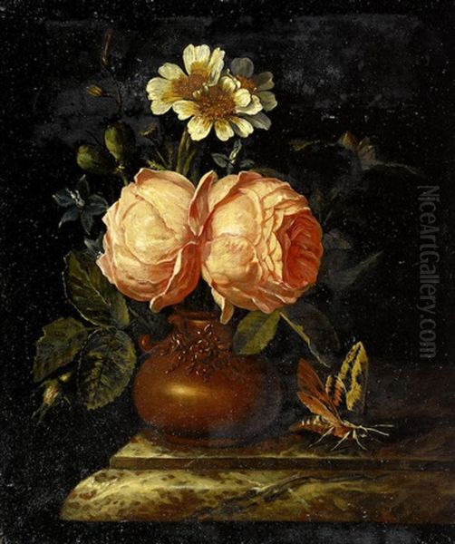 Roses In An Earthenware Vase On A Marble Ledge - view 1
