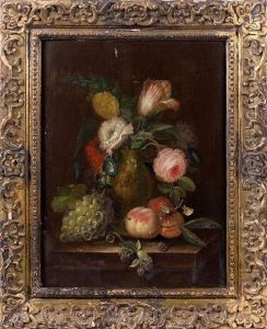 Nature Morte Au Bouquet De Tulipes Et Roses Dans Un Vase A L'antique, Grappe De Raisin, Peches, Framboises, Papillon Et Petits Insectes Sur Un Entablement De Pierre by Willem Frederik van Royen