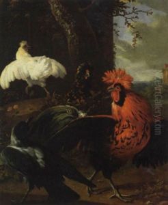 Cockerels, A Hen And A Crow In A Landscape