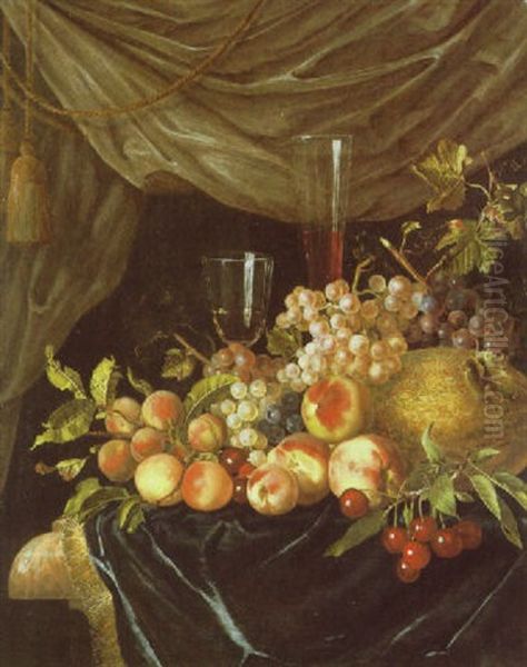 A Still Life Of A Glass Of Wine Beside A Facon De Venise Surrounded By Grapes, Peaches, Cherries And Melons On A Ledge - view 1