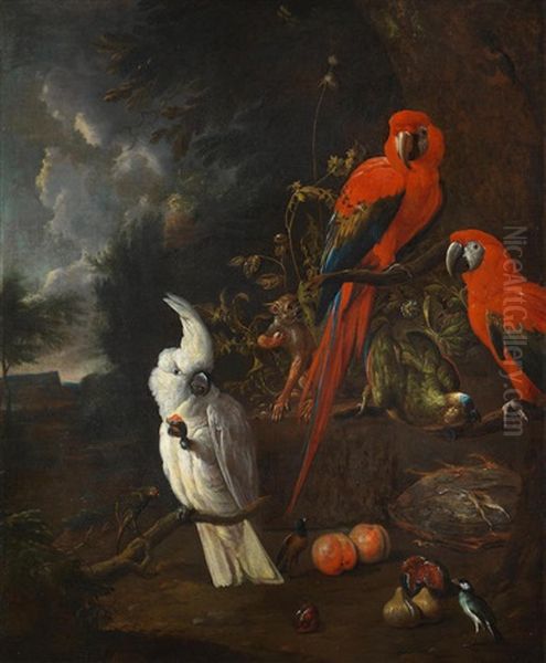 A Citron-crested Cockatoo, Two Red Macaws, A Green Parrot And A Marmoset, With Apples And Figs - view 1