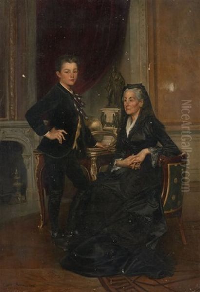 Portrait Presume De Caroline Oudinot Et D'un Jeune Homme Posant Devant La Statue Du Marechal Oudinot - view 1