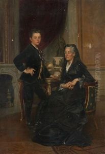 Portrait Presume De Caroline Oudinot Et D'un Jeune Homme Posant Devant La Statue Du Marechal Oudinot by Lionel Noel Royer