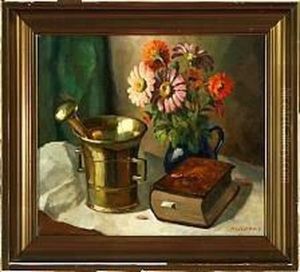 A Still Life With A Book And Flowers