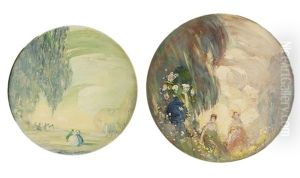 Two Works Of Impressionistic Landscapes With Figures In Round Frames by Arthur Dominique Rozaire