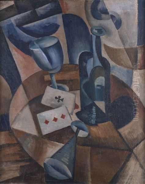 Stilleben Mit Flasche Und Spielkarten - view 1
