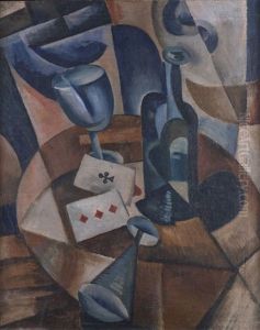 Stilleben Mit Flasche Und Spielkarten by Olga Rozanova