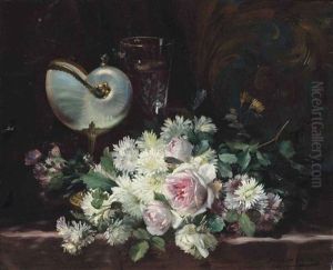 A Nautilus Shell, A Glass And A Bouquet Of Roses And Chrysanthemums On A Ledge