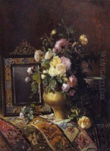 Nature Morte Au Bouquet De Roses Dans Un Vase En Cuivre Ottoman Etiznik Sur Un Tamis Oushak